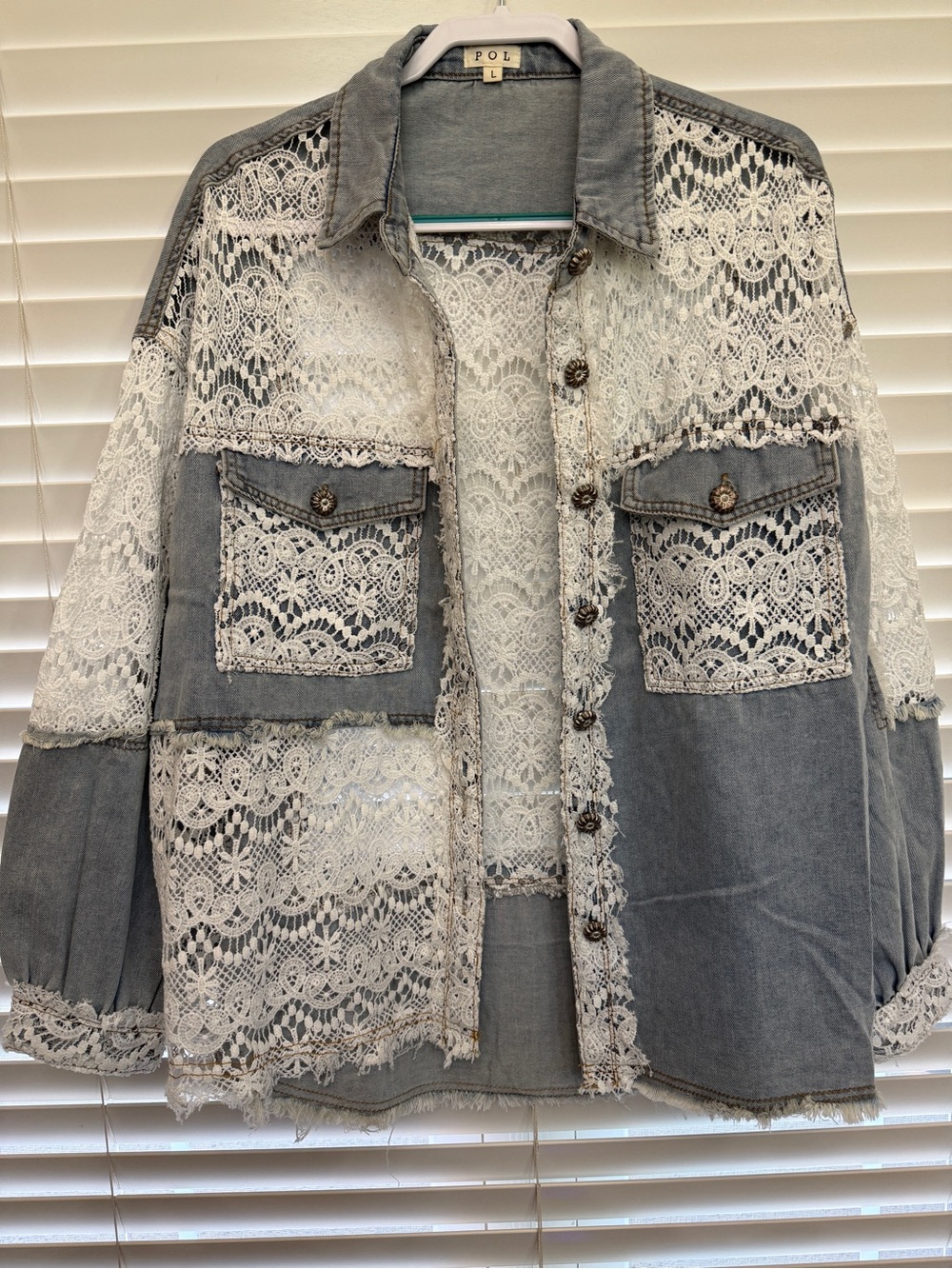 POL Lt Blue Denim Shacket with White Lace Panels